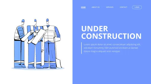 Vector illustration of Under construction landing page template with construction worker character. Blue theme concept web page design. Vector illustration artwork. For web and app design