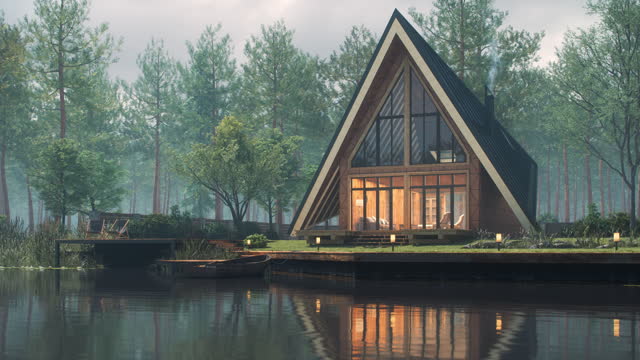 Triangular Modern Lake House At Fall