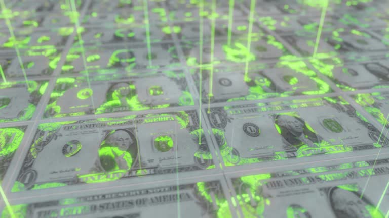 Dollars notes with digital drops puddles mining crypto