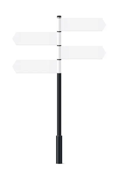 Vector illustration of Bollard with empty signs, billboards pointing direction forward, 3d black pillar