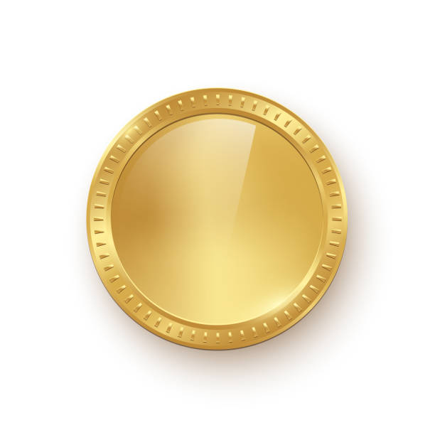 금화 벡터 그림입니다. 3d 현실적인 황금 돈 현금 또는 보물 기호, 고립 된 빛나는 메달 또는 프리미엄 게임 상품, 둥근 테두리 프레임이있는 금속 동전의 정면보기 - 동전 stock illustrations