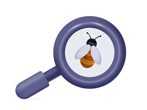 Magnifying glass and bee 3d. Search or selection of insects, magnification focus for research. Vector illustration of the study of beekeeping. The concept of studying the environment, bees in nature.