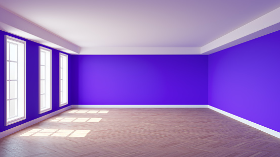 Empty Sunny Interior with Purple Walls, Three Large Windows, White Ceiling Cornice, Glossy Herringbone Parquet Floor and a White Plinth. 3D illustration with a Work Path on the Windows, 8K Ultra HD