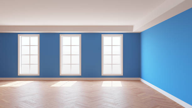 istock Light Blue Room with a White Ceiling and Cornice, Glossy Herringbone Parquet Floor 1456660209