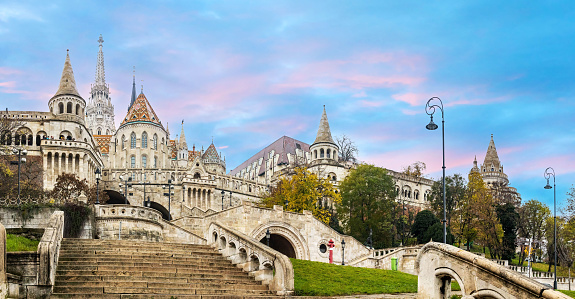 Scenic sunset view of Fisherman Bastion fortress in Budapest city