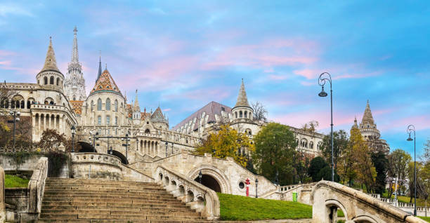 Scenic sunset view of Fisherman Bastion fortress in Budapest stock photo
