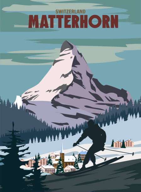 plakat ośrodka narciarskiego matterhorn, retro. zimowa karta podróży alpes - zermatt stock illustrations