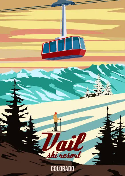 Vector illustration of Vail Ski Travel resort poster vintage. Colorado USA winter landscape travel card