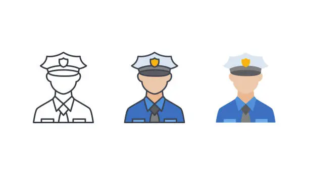 Vector illustration of Police Officer Icon Set. Editable Stroke.