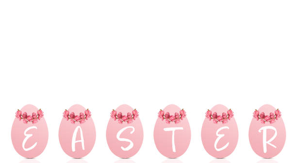 Row of pink Easter eggs with flower blossom crowns and word Easter isolated on white background with copy space