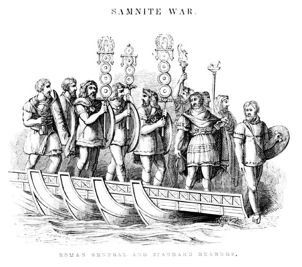 Ancient Roman General and Standard Bearer, Ancient Civilization Ancient Roman General and Standard Bearer during the Samnite Wars, 3rd-4th Centuries B.E.C. Illustration published 1846.  Original edition is from my own archives. Copyright has expired and is in Public Domain. 4th century bc stock illustrations