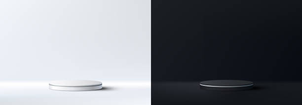 istock Set of 3D realistic elegant white and black cylinder podium stand minimal wall scene on clean and dark background luxury style 1456676763