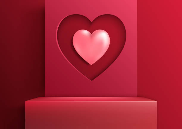 istock Happy valentine day 3D realistic red podium platform with pink heart on red background 1456676788