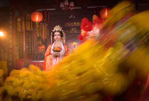 Chinese woman with yellow and red lions It is considered to enhance the prosperity for oneself on the occasion of the Chinese New Year festival every year and in Chinese, it means prosperous, fortunate, happy, prosperous