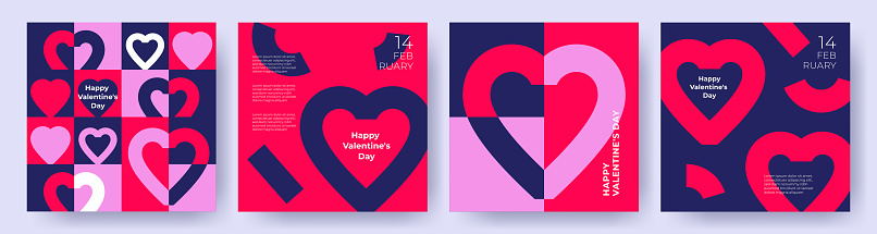 Happy Valentines Day cards, posters, covers set. Abstract minimal templates in modern geometric style with hearts pattern for celebration, decoration, branding, packaging, web and social media banners
