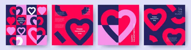 Vector illustration of Happy Valentines Day cards, posters, covers set. Abstract minimal templates in modern geometric style with hearts pattern for celebration, decoration, branding, packaging, web and social media banners