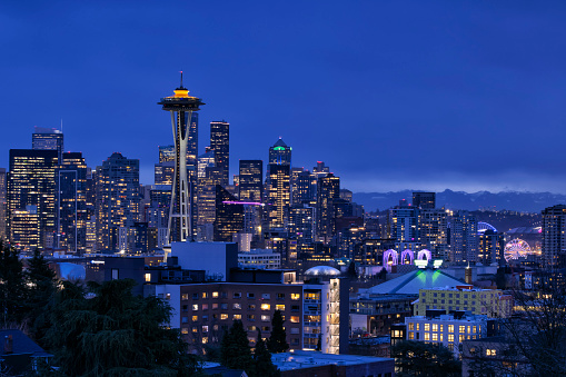 Seattle skyline at blue hour on a rainy day in winter, Washington, USA