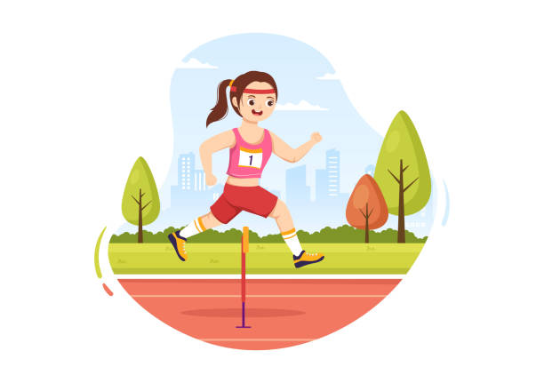 ilustraciones, imágenes clip art, dibujos animados e iconos de stock de kids athlete run hurdle long jump sportsman game illustration in obstacle running for web banner or landing page in cartoon hand drawn templates - hurdling hurdle running track event