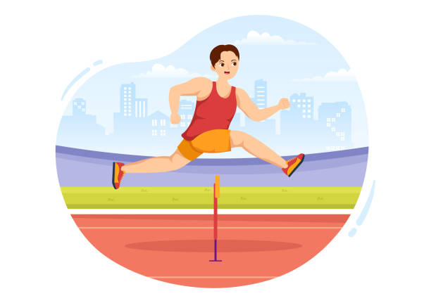 ilustrações de stock, clip art, desenhos animados e ícones de athlete run hurdle long jump sportsman game illustration in obstacle running for web banner or landing page in flat cartoon hand drawn templates - hurdling hurdle running track event