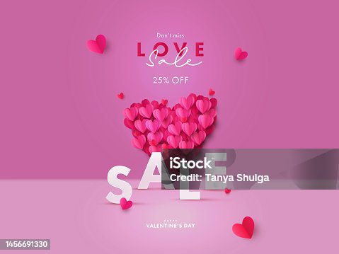 istock Happy Valentine's Day Sale poster or website banner. Romantic creative design with big heart made of red realistic 3d Origami Hearts on soft pink background. Festive advertisement promo template 1456691330