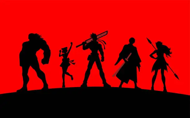 Vector illustration of Vector Anime Style Heroes Silhouettes Stock Illustration