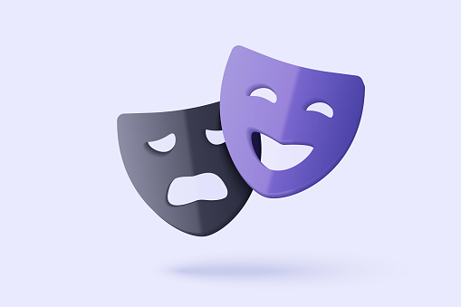 3d theatre masks for tragedy, drama and comedy. cinema movie ticket icon, ready for watch movie in theatre. Media film for entertainment service. 3d cinema icon vector render illustration