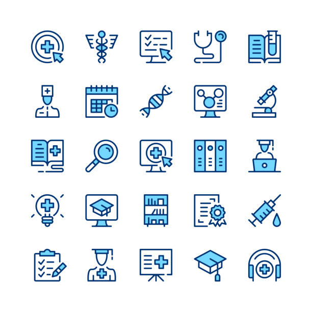 Medical education line icons. Blue color. Outline symbols. Vector line icons set vector art illustration