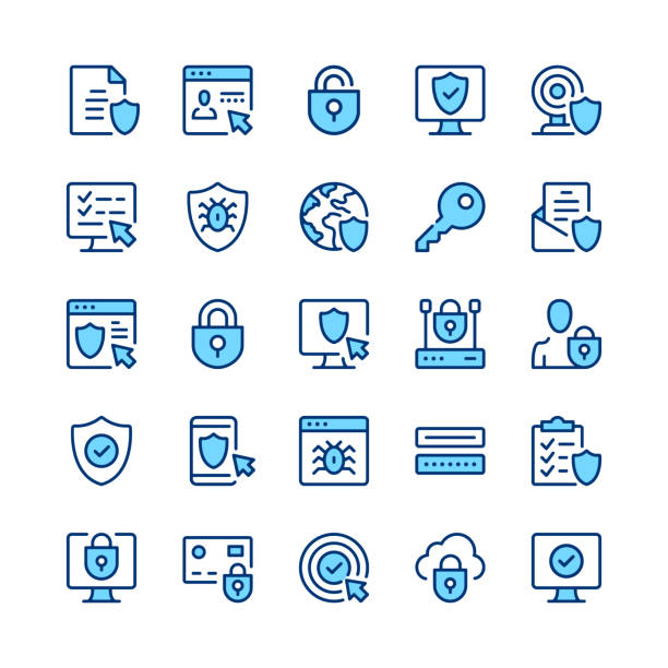 Internet security line icons. Blue color. Outline symbols. Vector line icons set - ilustração de arte vetorial