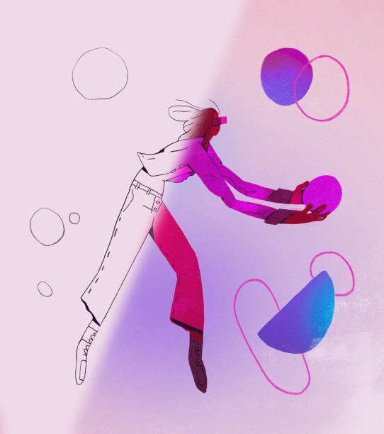 istock Businesswoman wearing vr glasses holding abstract shape. creativity virtual reality vision with creative concept and half sketch. 1456698259