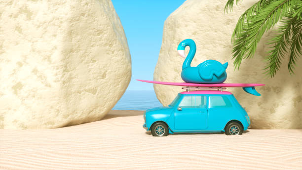 istock Summer Travel Car on Beach with Huge Rock 1456699429