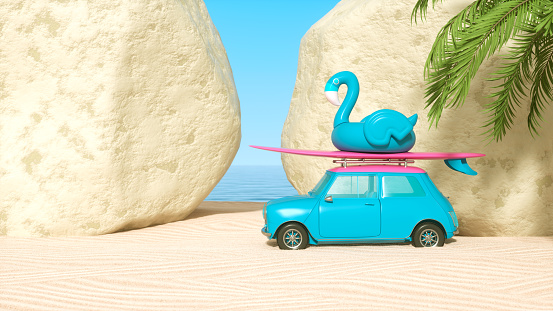 Summer Travel Car on Beach with Huge Rock. 3d render.