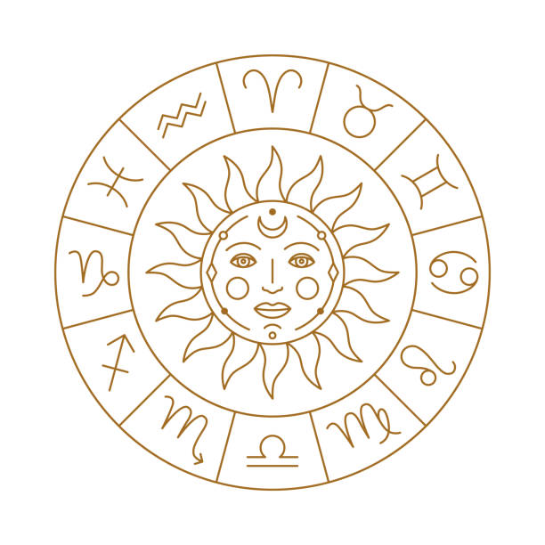 illustrazioni stock, clip art, cartoni animati e icone di tendenza di calendario dell'oroscopo con simboli zodiacali stilizzati del sole e dell'oro - fortune telling astrology sign wheel sun