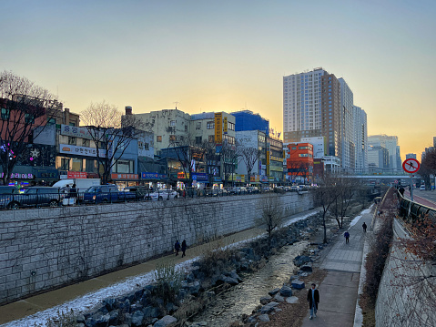 Seoul Cheonggyecheon, Korea - January 11th 2023, Its the winter street at the  Cheonggyecheon Stream in Downtown Seoul Korea. 서울 청계천