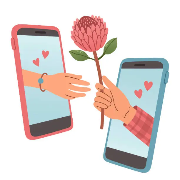 Vector illustration of Online dating service vector concept. Mans and womans hands appeared from phones screen, mans hand giving flower