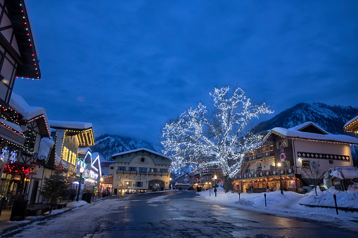 Blue hour in Town of Leavenworth in winter, Washington, USA