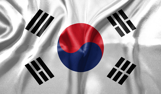 South Korea flag wave close up. Full page South Korea flying flag. Highly detailed realistic 3D rendering.