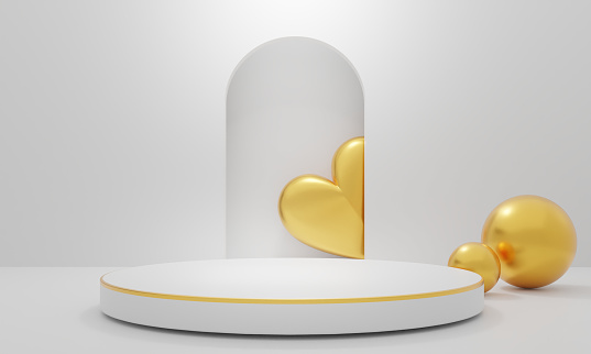 Podium and golden heart shape in empty white showroom.3d rendering.