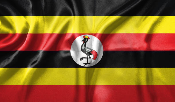 Uganda flag wave close up. Full page Uganda flying flag. Highly detailed realistic 3D rendering.