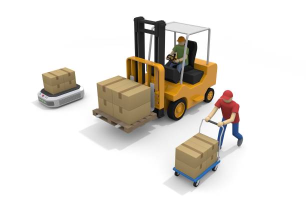 Mature warehouse worker driving forklift in logistics center