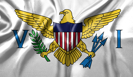 United States Virgin Islands flag wave close up. Full page United States Virgin Islands flying flag. Highly detailed realistic 3D rendering.