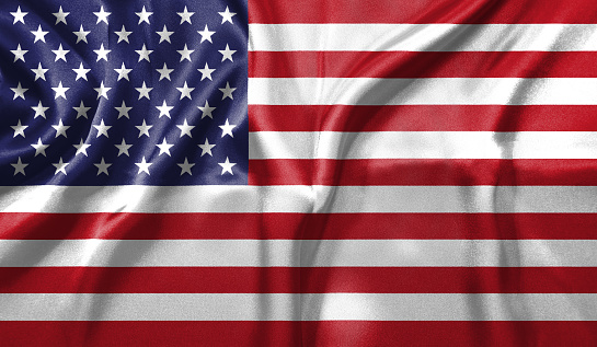United States of America flag wave close up. Full page United States of America flying flag. Highly detailed realistic 3D rendering.