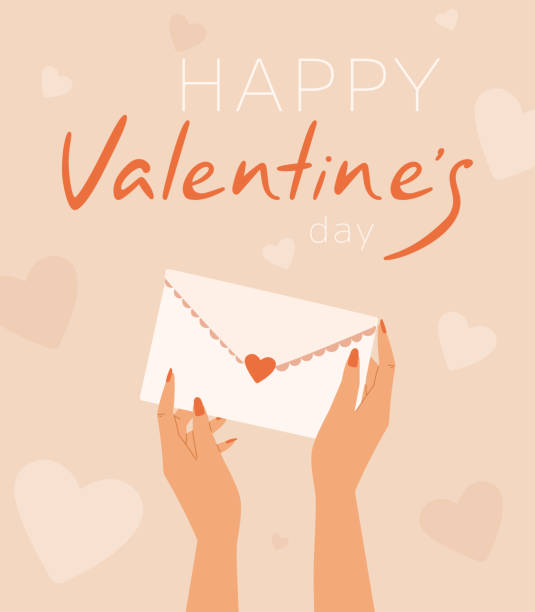 illustrations, cliparts, dessins animés et icônes de carte ou bannière de la saint-valentin, mains féminines tenant une enveloppe avec une lettre d’amour. - mail postcard human finger letter