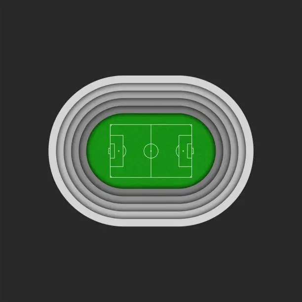 Vector illustration of 3d Football stadium miniatures oval shape top view, sports facility with multi - tiered stands and a green grassy field.