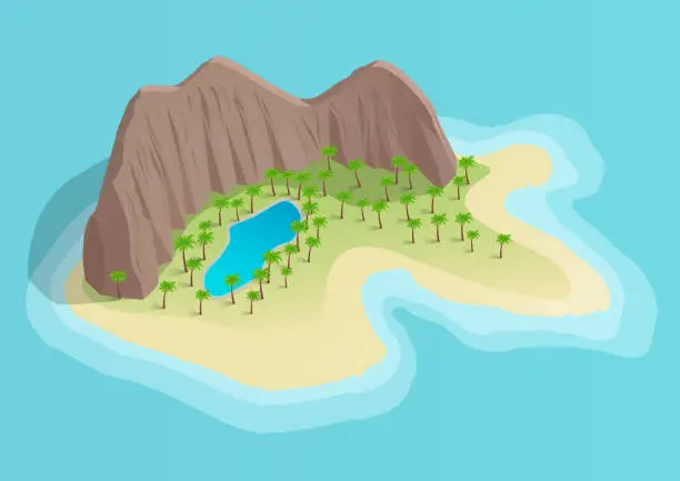 Vector illustration of isometric beautiful island with mountain