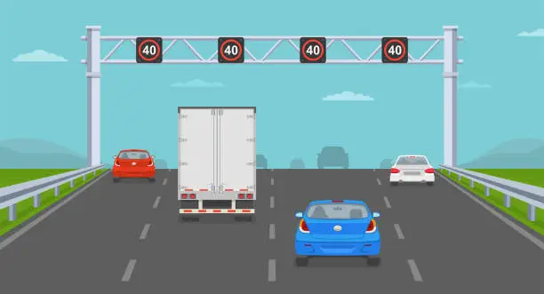 Vector illustration of Cars passing through speed limit sign at four lane highway. Back view.