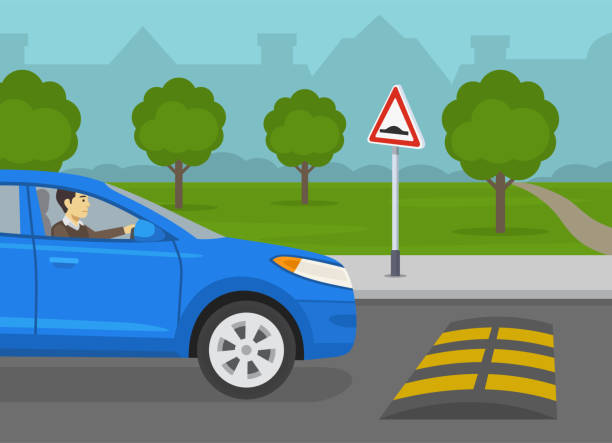 ilustraciones, imágenes clip art, dibujos animados e iconos de stock de el coche suv azul está llegando al bache de velocidad en la carretera. señal de advertencia de joroba de velocidad por delante. - rules of the road