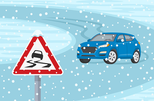 Winter season car driving. Suv car turning on a slippery road. Slippery road warning road sign. Flat vector illustration template.