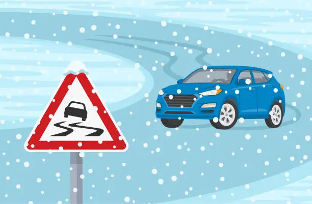 Vector illustration of Winter season car driving. Suv car turning on a slippery road. Slippery road warning road sign.