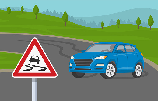 Suv car turning on a slippery road. Warning road or traffic sign. Summer season landmark. Flat vector illustration template.