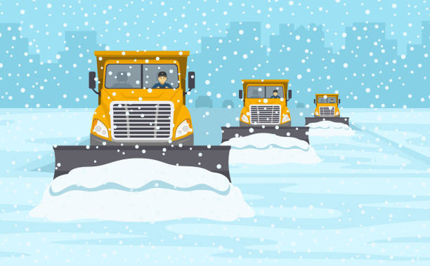 Yellow snow plow convoy clearing the highway. Winter driving conditions. Yellow snow plow convoy clearing the highway. Winter driving conditions. Flat vector illustration template. snow storm city stock illustrations